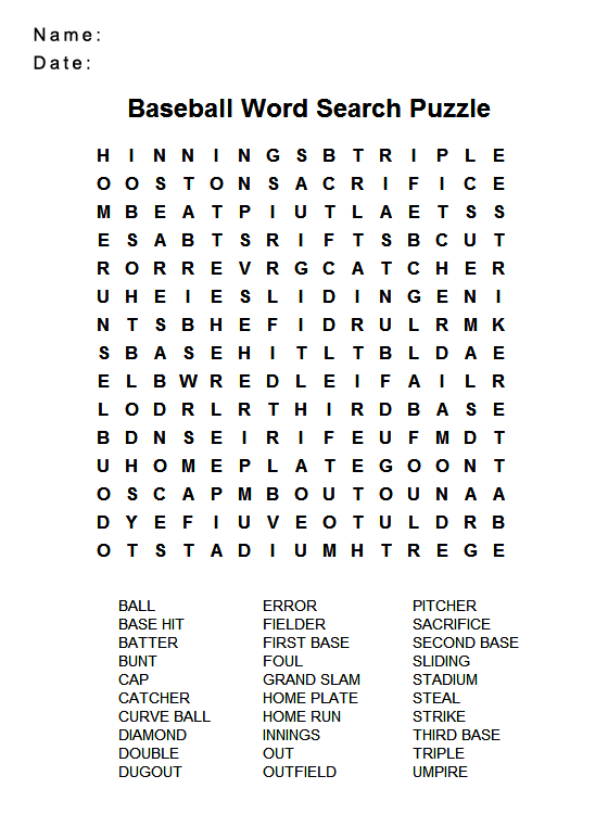 Free Baseball Word Search Puzzle Printable Games