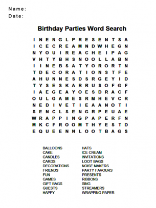 Birthday Party Word Search Puzzles