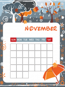 Free Online Printable Calendar with a wet and raining November