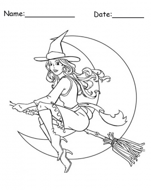 Flying Witch on Broom Stick Coloring Pages