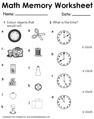 Objects that Roll and Time Math Memory Worksheet