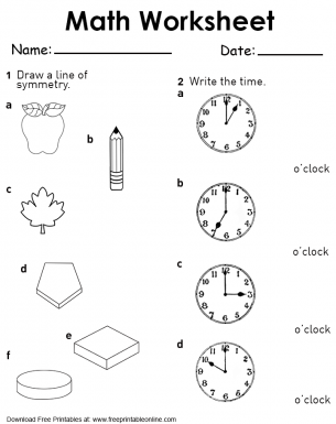Draw A Line Of Symmetry and Write The Time of the clocks provided on this math worksheets
