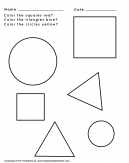 Coloring Shapes Worksheet - Color the square red, color the triangle blue, color the circles yellow