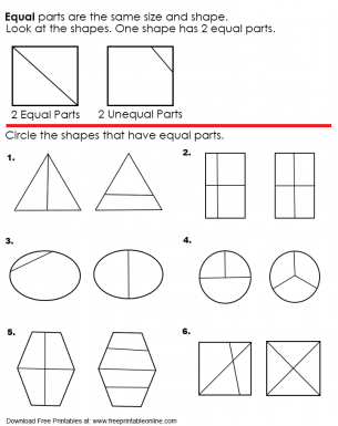 Equal Parts Kids Worksheet - Equal parts are the same size and shape. Look at the shapes. One shape has 2 equal parts. Circle the shapes that have equal parts.