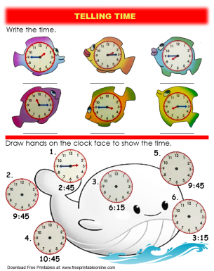 Fish and Whale Telling Time Worksheet - Write the time and Draw the hands on the clockface to tell the time.