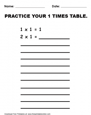 Practice 1 Times Table Worksheet
