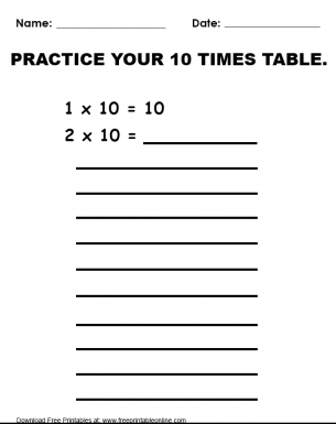 Practice 10 Times Table Worksheet