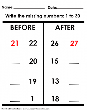 Before and After Missing Numbers Worksheet