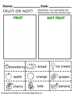 Fruit or Not Kids Worksheet - Cut and paste the food words into the correct box.
