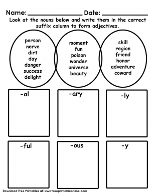 Suffix Kids Worksheet - look at the nouns below and write them in the correct suffix column to form adjectives
