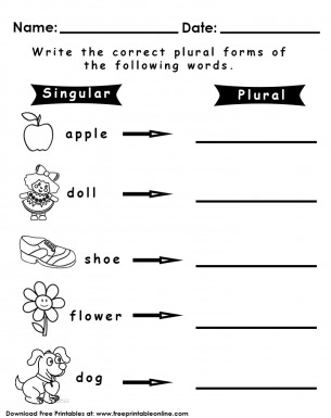 Singular and Plural Worksheet - Write the correct plural term for the following words.   Apple, Doll, Shoe, Flower, Dog