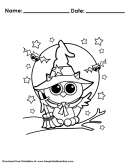 Owl Halloween Coloring Pages featuring a cute little owl witch in the moonlight