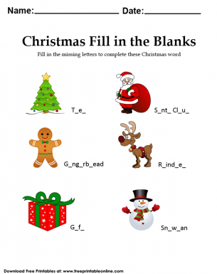 Christmas - Fill In The Blanks - Worksheet . Fill in the missing letters to complete these Christmas words