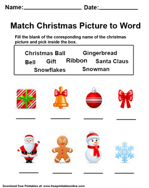 Christmas Worksheet - Name the Object and Match the Christmas Picture to The Words