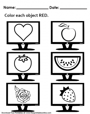  Preschool Worksheet - Color each object RED 