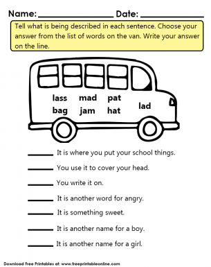 School Bus Word Game Worksheet for Kids - Tell us what is being described in each sentence. Choose your answer from the list of words on the van.