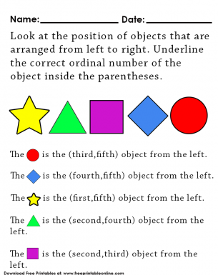 Look at the position of the objects that are arranged from left to right. Underline the correct ordinal number for the object inside the (parentheses)
