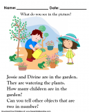 Two Kids Watering Plants in a garden - We ask - What do you see in the picture?