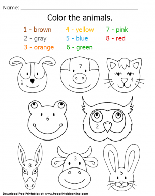 Color the Animal Heads Worksheet - Color by numbers - Brown, Grey, orange, yellow, Blue, Green, pink, red