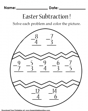 Easter Subtraction - Kids Worksheet - Solve each math problem and color the picture.