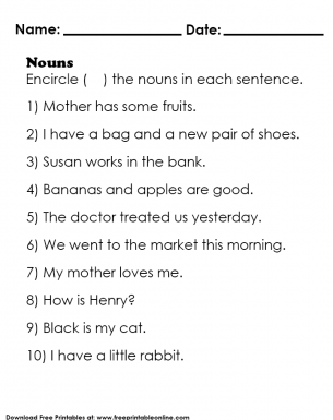 Encircle the Nouns in Each Sentence - 10 Sentences to Learn Nouns Worksheet For Kids