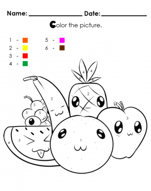 Bring cute fruit alive with color by numbers - Apple, Orange, Banana, Watermelon, Grapes, Pineapple