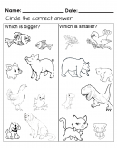 Worksheet that teaches about an objects size. Which is Bigger? and Which is Smaller?