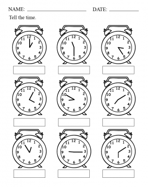 pictue of a worksheet with different clock times all in three row of three clocks