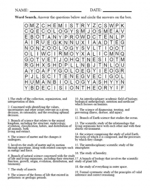 Branches of Science Word Hunt Puzzle - Middle school worksheet