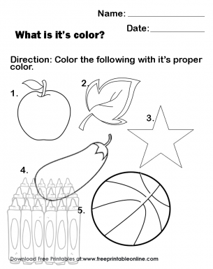 Colour the Pictures With the proper Colours - An apple, a leaf, a star, am egg plant a basketball