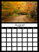 August Blank Monthly Calendars - beautiful fall colors in the trees on a country lane