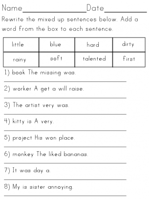 Sentence Structure Adjective Usage Worksheet