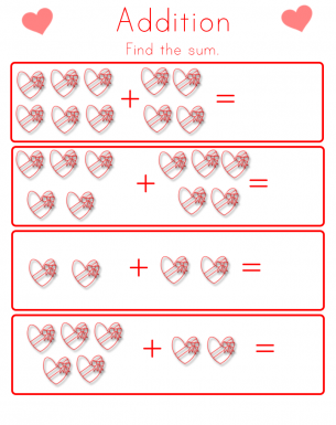 Addition Worksheets for Valentine's Day