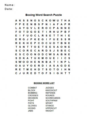 Boxing Word Search Puzzles - Find the words from the boxing word list box to complete the puzzle
