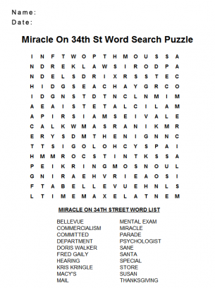 Wordsearch Puzzles Miracle on 34th Street