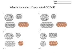 Counting Coins Exercise Worksheet - What is the value of each set of coins?