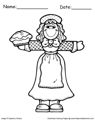 Thanksgiving Coloring pages with a young Pilgrim holding with arms streached out a Pie