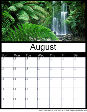 August Blank Printable Monthly Calendar - Rainforest theme - Blank for use in any given year