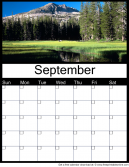 September Blank Printable Monthly Calendar with a beautiful lake and mountain range natural scenery