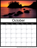 October Year Printable Monthly Calendar - sunset on a tropical Island