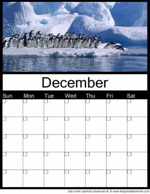December Blank Printable Monthly Calendar - Penguins and Ice for a winter theme - Blank for use in any given year