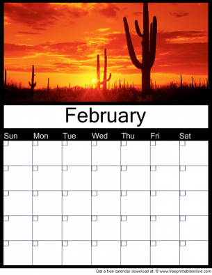 February  Free Printable Monthly Calendar with a magic sunset - use for any year
