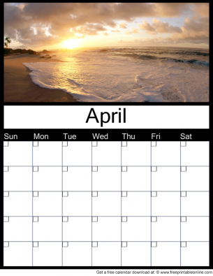 April Free Printable Monthly Calendar with a peaceful ocean view - use for any year