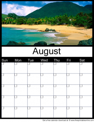 August Free Printable Monthly Calendar with a summer day - use for any year