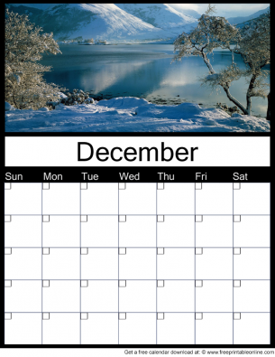 December Free Printable Monthly Calendar with a cold winter day - use for any year