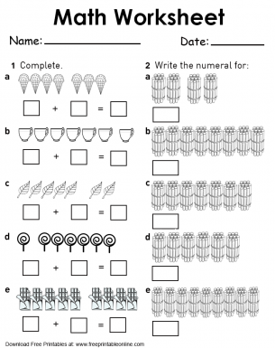 Numerals and Addition for Kids Worksheet  1. Write Numerals Exercise Sheet and Complete The Addition Problems - Free Math Worksheet