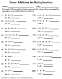 Addition to Multiplication Worksheet - Addition problems expressed as a multiplication
