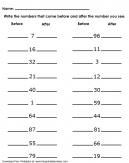 Numbers Before and After Worksheet - Write the numbers that come before and after the number you see.