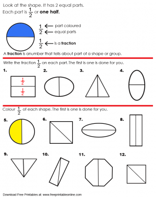 Math Worksheet Working With Halves - Look at the shape with 2 equil parts