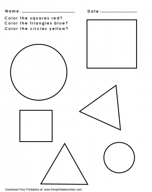 Coloring Shapes Worksheet - Color the square red, color the triangle blue, color the circles yellow
